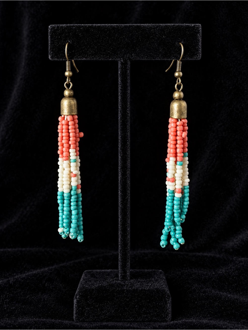 Beaded Tassel Drop Earrings in Coral, Cream & Turquoise